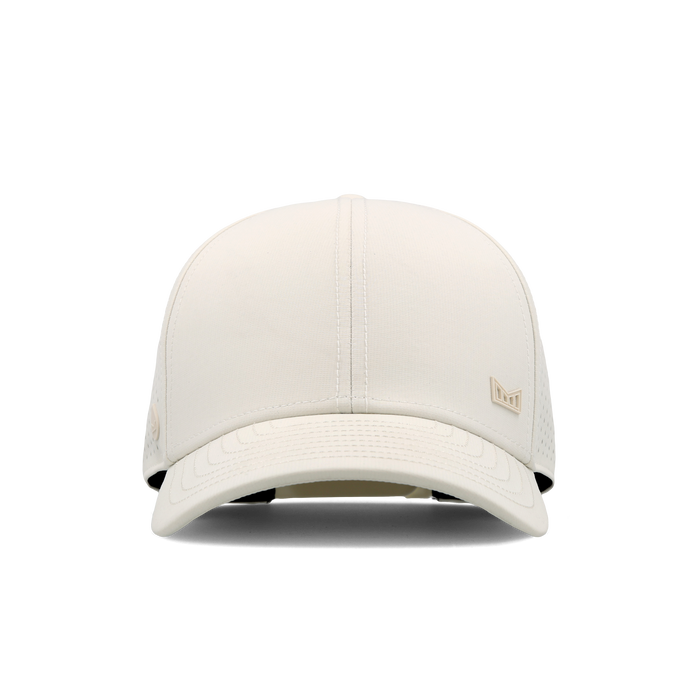 The frontal view of the melin Vintage Fit A-Game Icon Hydro hat in egret
