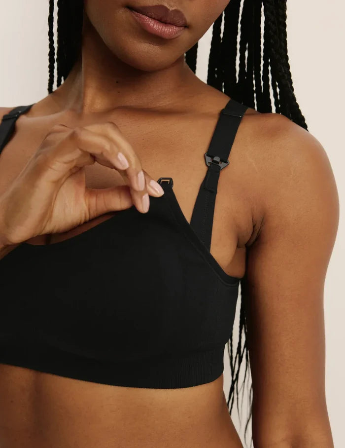 Gin is a 34DD and wearing KNIX M+ | Front view of model wearing the BlissFit™ Nursing Bra, highlighting the neckline, nursing clip strap design, and smooth silhouette | Black