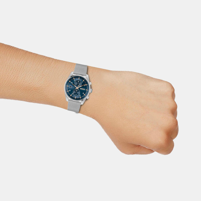 Boss Skytraveller Men Quartz Blue Dial Chronograph Mesh Watch 1514149