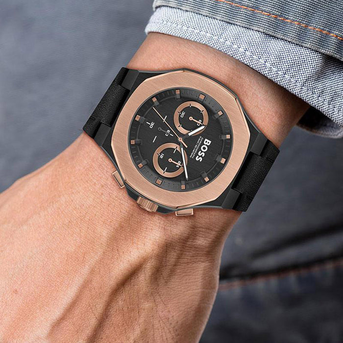 Boss Taper Men Quartz Black Dial Chronograph Leather Watch 1514089