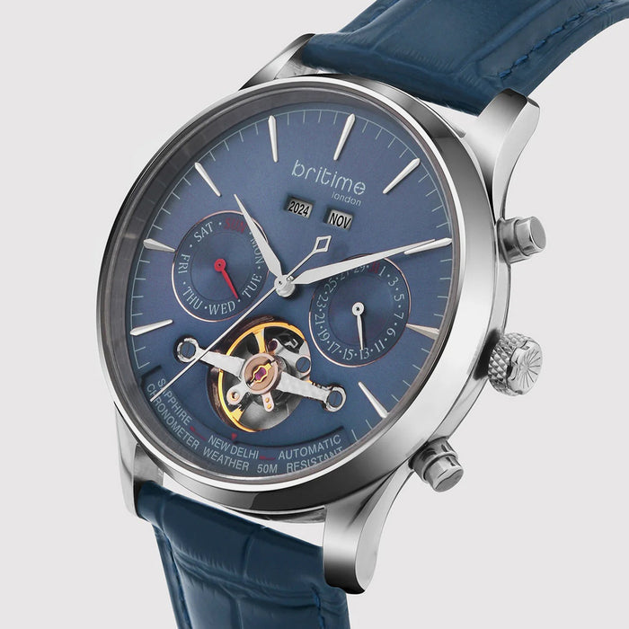 Celestial Men Automatic Blue Dial Chronograph Leather Watch 867-L10507