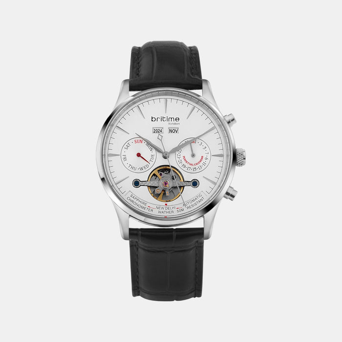 Celestial Men Automatic White Dial Chronograph Leather Watch 867-L10306