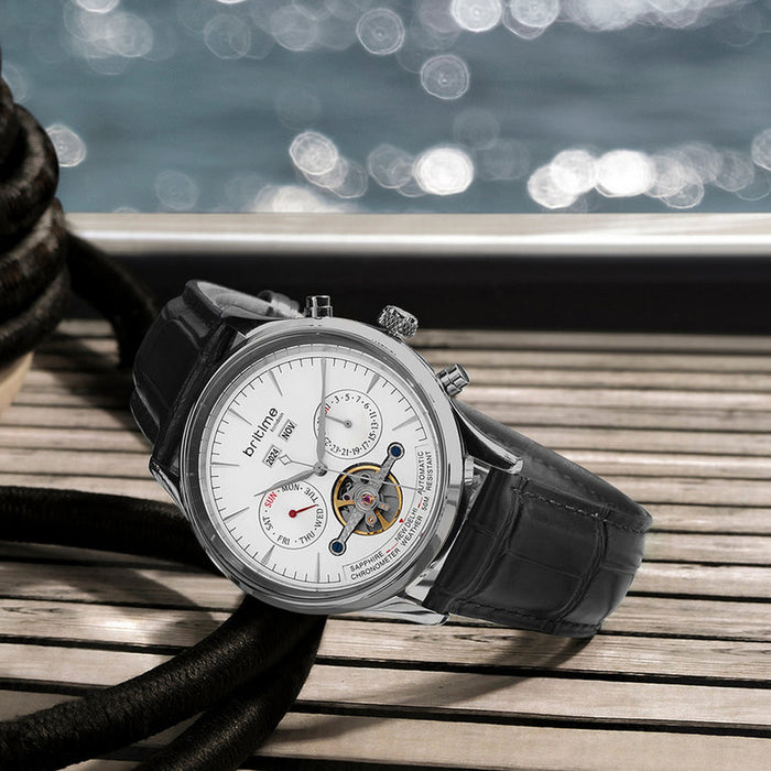 Celestial Men Automatic White Dial Chronograph Leather Watch 867-L10306