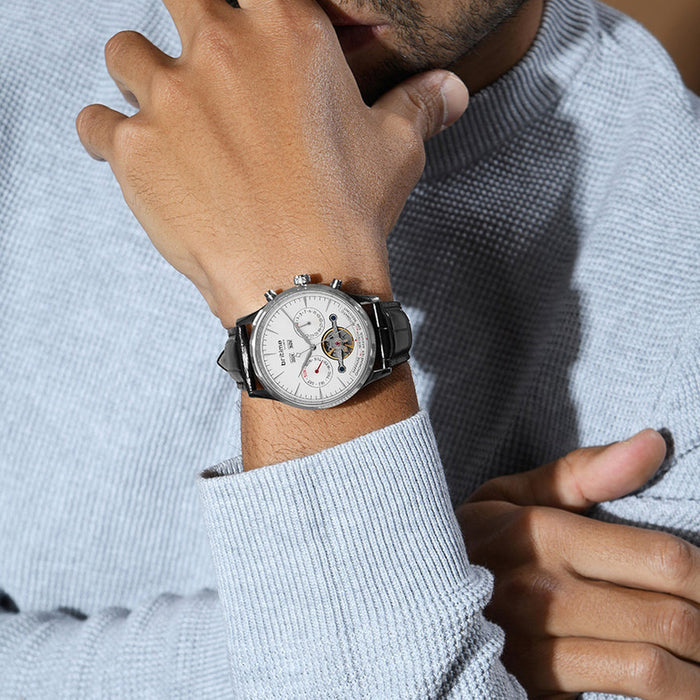 Celestial Men Automatic White Dial Chronograph Leather Watch 867-L10306
