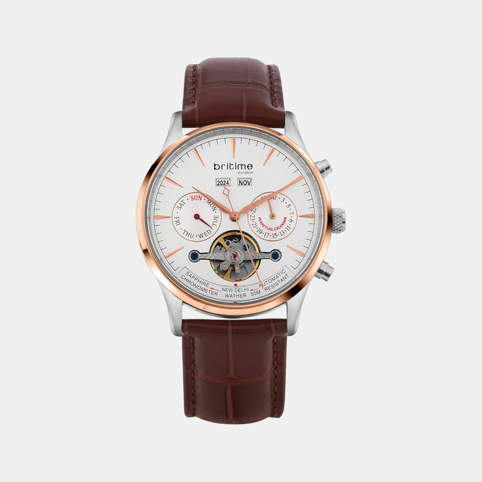 Celestial Men Automatic White Dial Chronograph Leather Watch 867-L30308