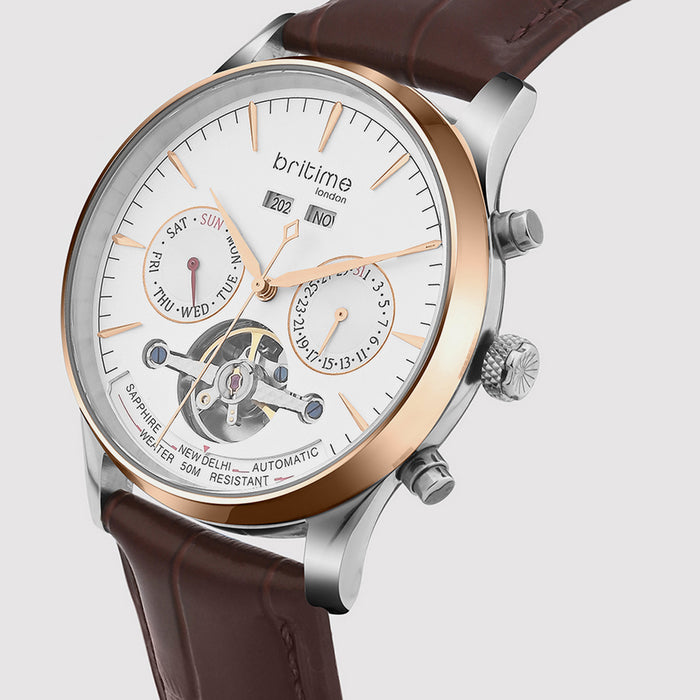 Celestial Men Automatic White Dial Chronograph Leather Watch 867-L30308