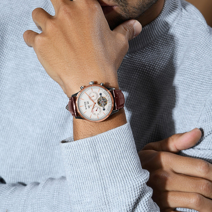 Celestial Men Automatic White Dial Chronograph Leather Watch 867-L30308