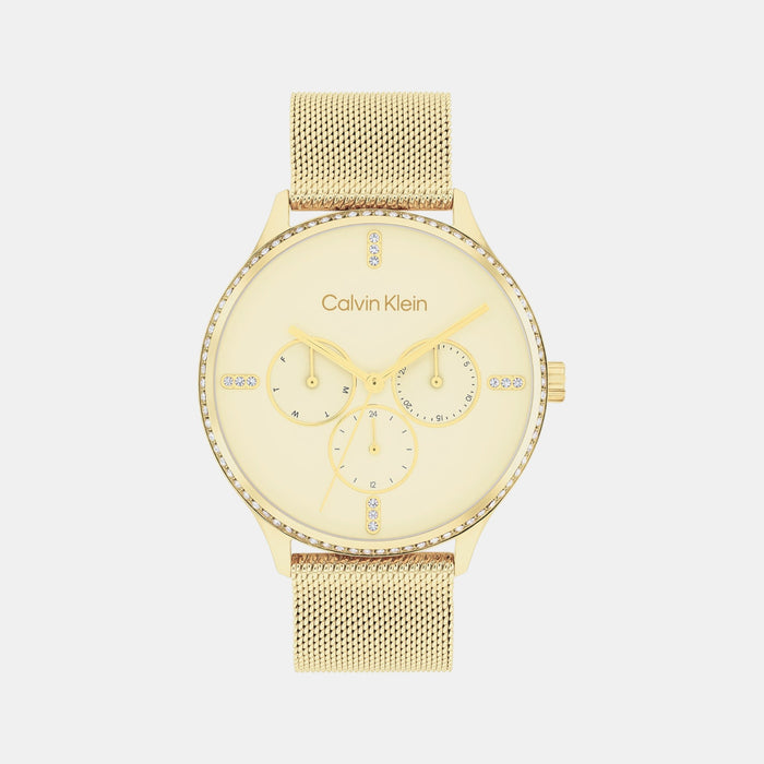 Ck Dress Women Quartz Gold Dial Multi-Function Mesh Watch 25200372