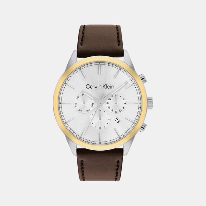 Ck Infinite Men Quartz Silver Dial Multi-Function Leather Watch 25200381