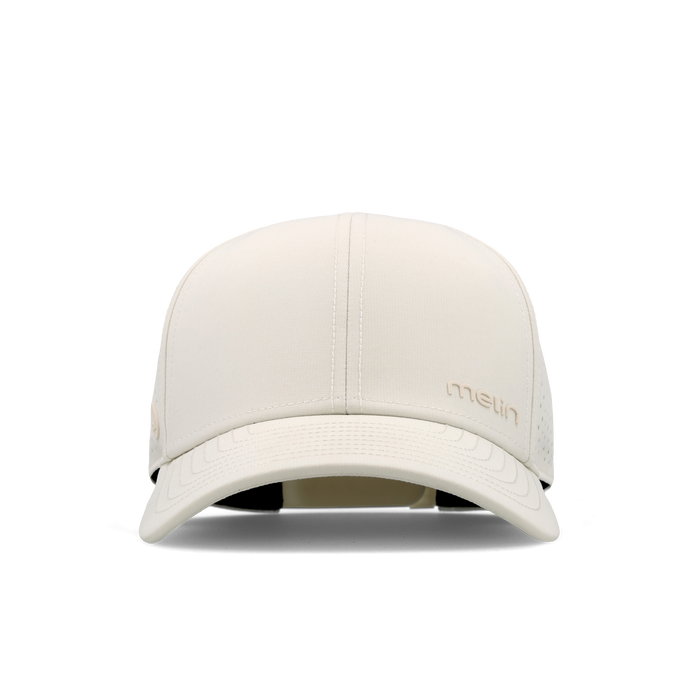The frontal view of the melin Vintage Fit Compass Hydro hat in egret