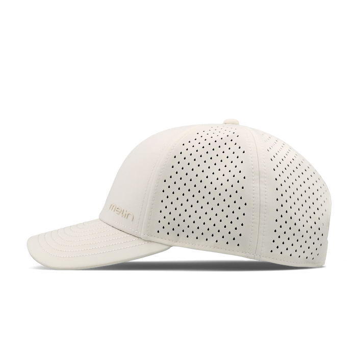 The side view of the melin Vintage Fit Compass Hydro hat in egret