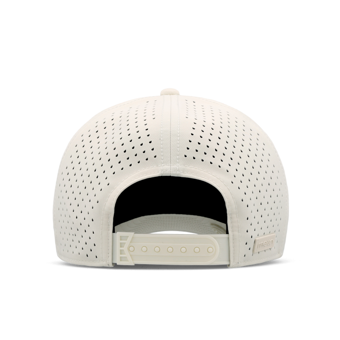 The back view of the melin Vintage Fit Compass Hydro hat in egret