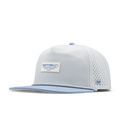 The angled view of the melin Split Crushed Fit Coronado Brick Hydro hat in clear lake