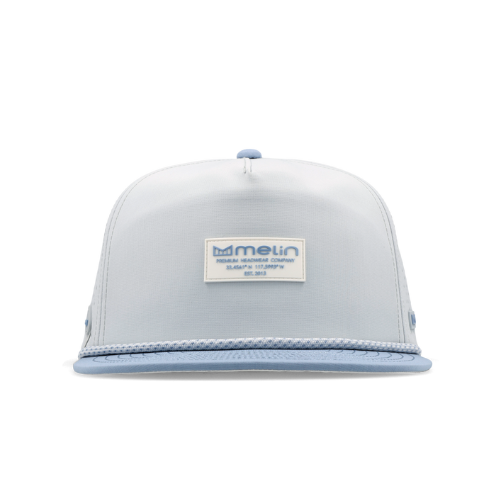 The frontal view of the melin Split Crushed Fit Coronado Brick Hydro hat in clear lake