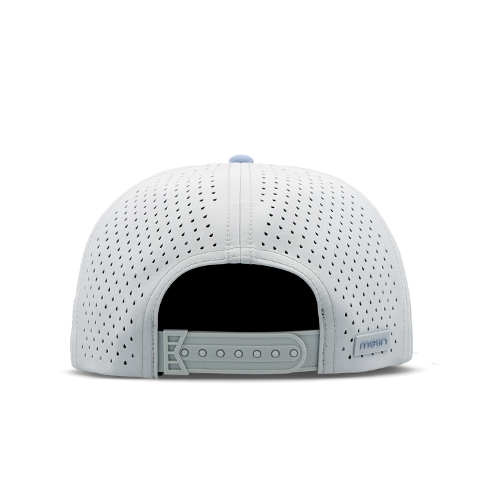 The back view of the melin Split Crushed Fit Coronado Brick Hydro hat in clear lake