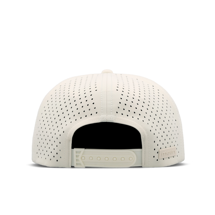 The back view of the melin Split Crushed Fit Coronado Brick Hydro hat in egret