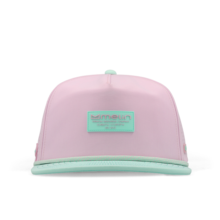 The frontal view of the melin Split Crushed Fit Coronado Brick Hydro hat in south beach