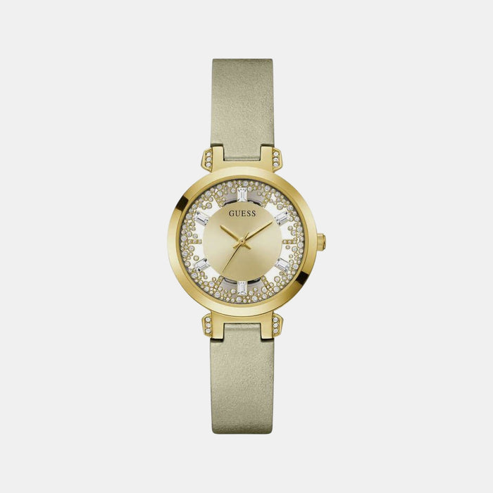 Crystal Clear Women Quartz Champagne Dial Analog Leather Watch GW0535L4