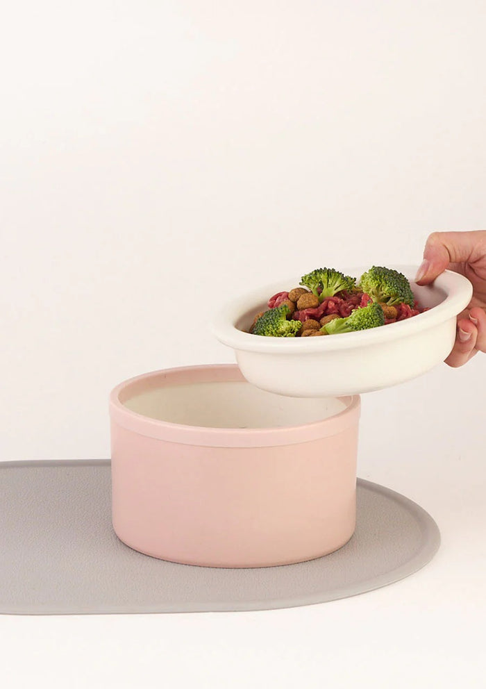 Dog Bowl Set with Mat - Pink & White