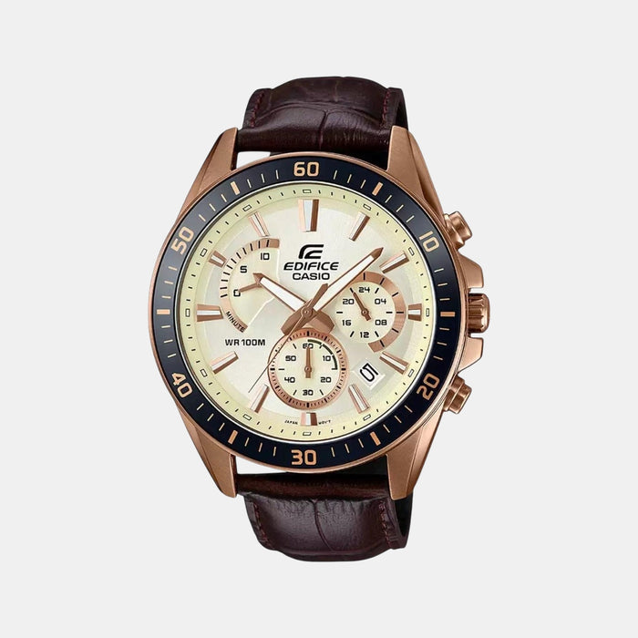 Edifice Men Quartz Beige Dial Chronograph Leather Watch EX359