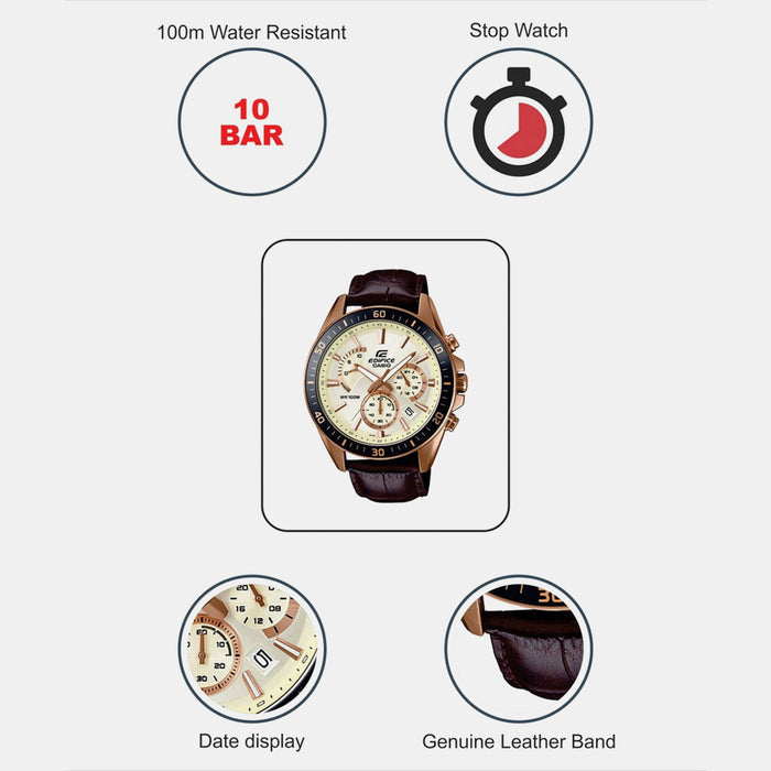 Edifice Men Quartz Beige Dial Chronograph Leather Watch EX359