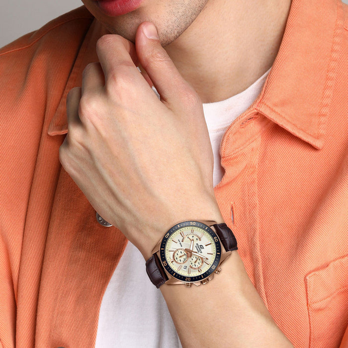 Edifice Men Quartz Beige Dial Chronograph Leather Watch EX359