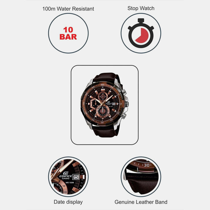 Edifice Men Quartz Brown Dial Chronograph Leather Watch EX194