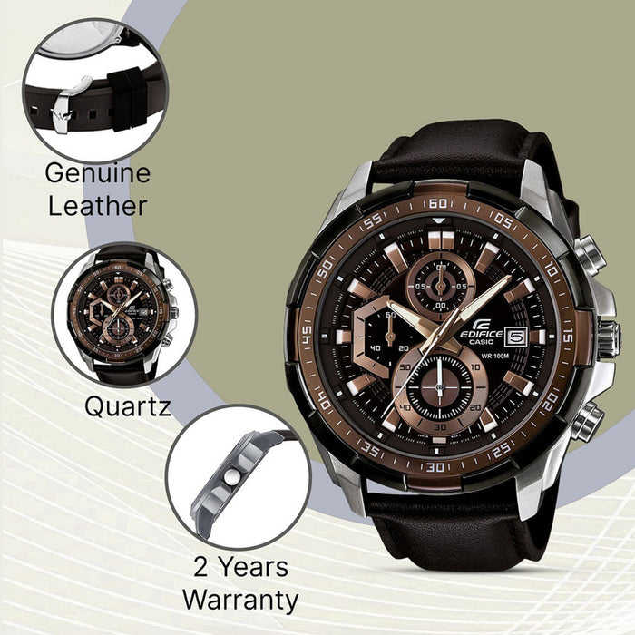 Edifice Men Quartz Brown Dial Chronograph Leather Watch EX194