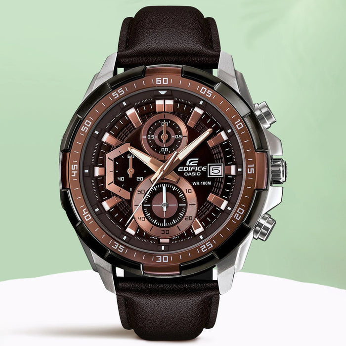 Edifice Men Quartz Brown Dial Chronograph Leather Watch EX194
