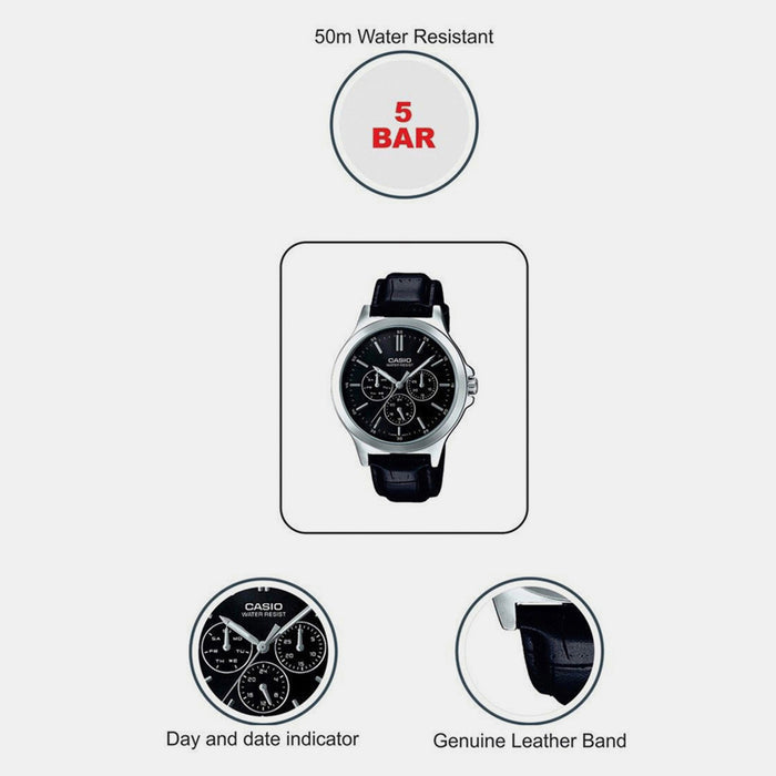 Enticer Men Quartz Black Dial Multi-Function Leather Watch A1176