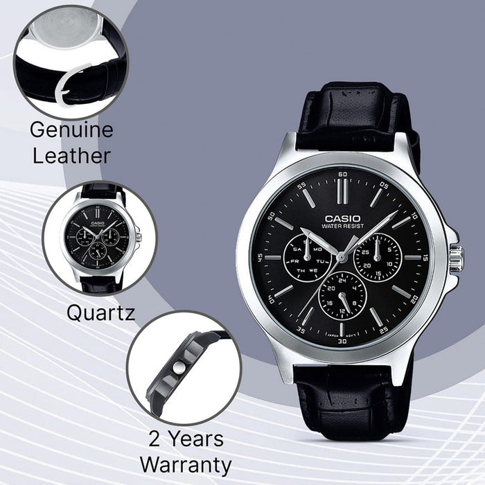 Enticer Men Quartz Black Dial Multi-Function Leather Watch A1176