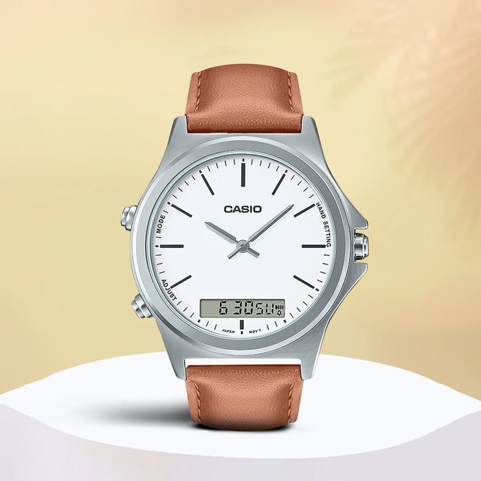 Enticer Men Quartz White Dial Analog-Digital Leather Watch A1929