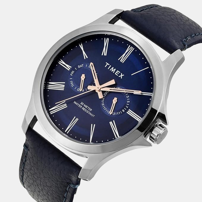 Fashion Men Quartz Blue Dial Analog Leather Watch TW000X132