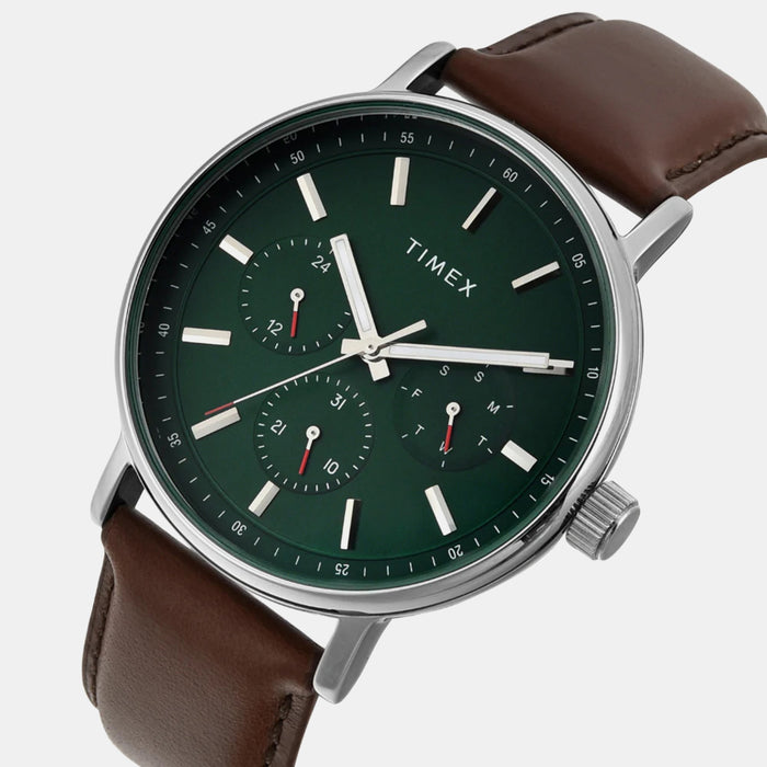 Fashion Men Quartz Green Dial Multi-Function Leather Watch TWEG20022
