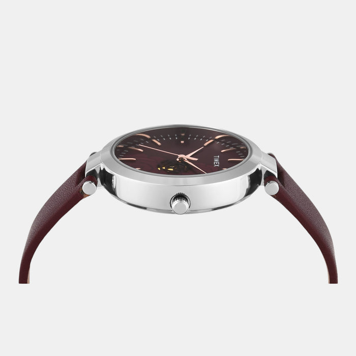 Fashion Women Quartz Burgundy Dial Analog Leather Watch TW000X245