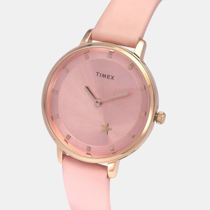 Fashion Women Quartz Pink Dial Analog Leather Watch TWEL19100