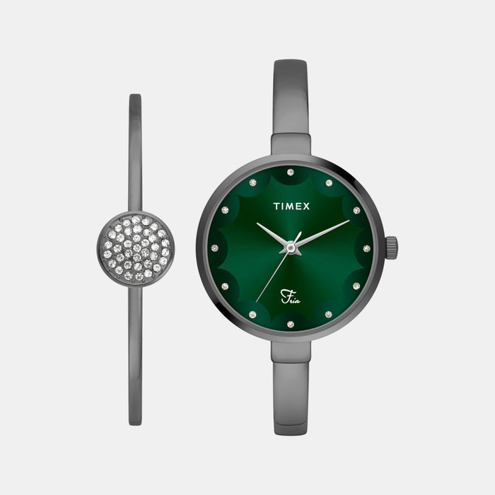 Fria Women Quartz Green Dial Analog Brass Watch TWEL18503