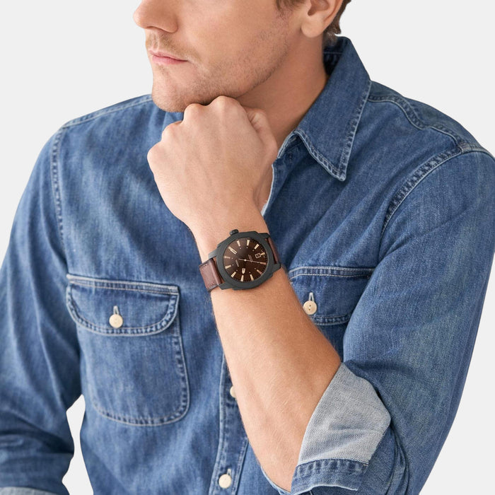 Machine Men Quartz Brown Dial Analog Leather Watch FS5972