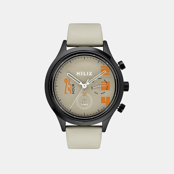 Men Quartz Beige Dial Multi-Function Leather Watch TW003HG30