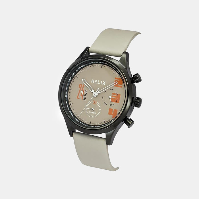 Men Quartz Beige Dial Multi-Function Leather Watch TW003HG30