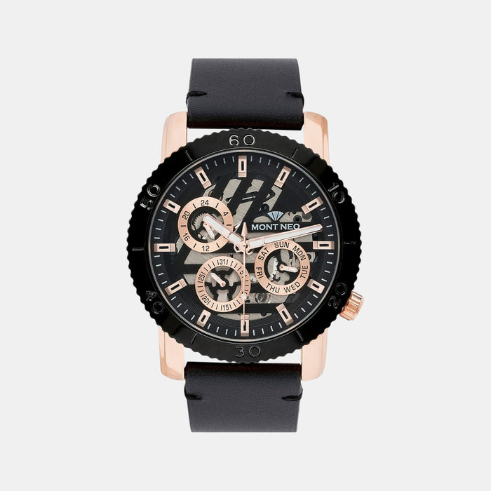 Men Quartz Black Dial Multi-Function Leather Watch 8017M-L3404