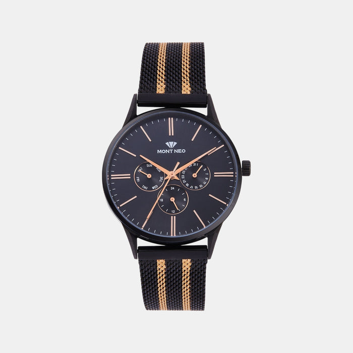 Men Quartz Black Dial Multi-Function Stainless Steel Watch 7001M-E4404-01