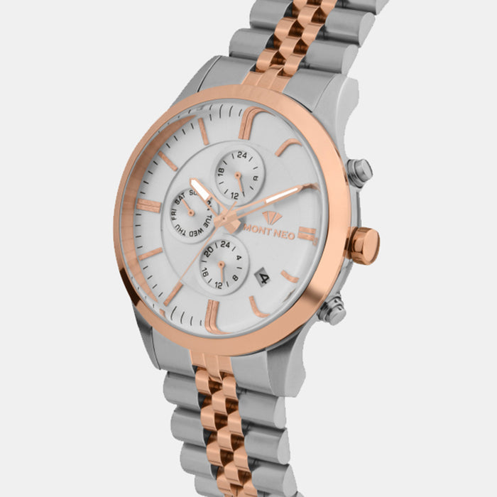 Men Quartz Silver Dial Multi-Function Stainless Steel Watch 1049M-M1303