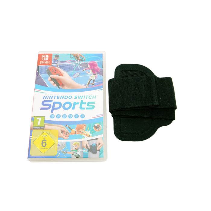 Nintendo Switch Sports Spiel neben dem dazugehörigen schwarzen Beingurt – Inhalt der Big Box