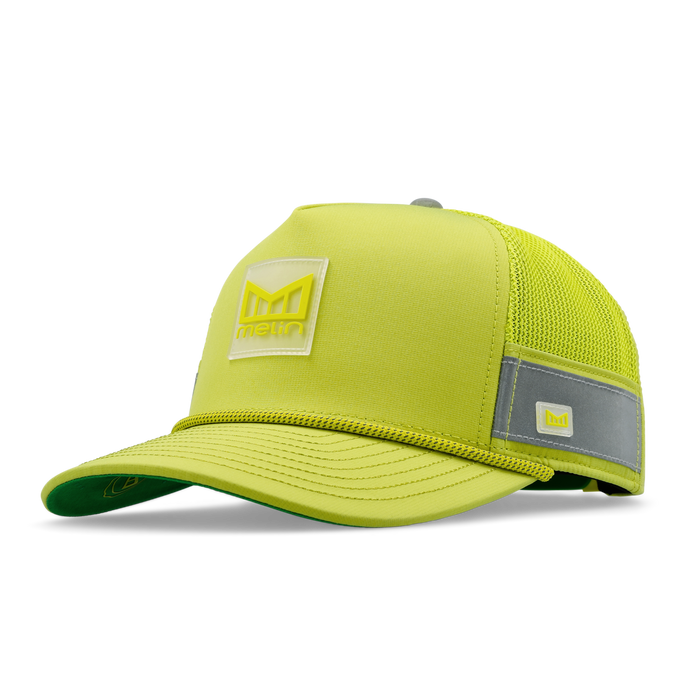 The front, angled view of the melin Odysea Links Trashed Hydro  Split Fit in  Safety Green