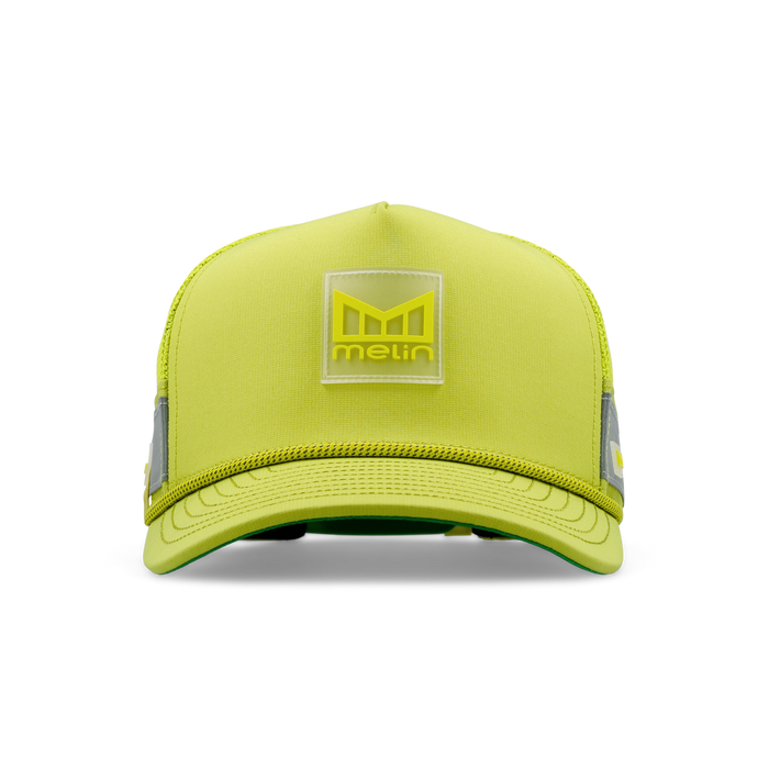 The front view of the melin Odysea Links Trashed Hydro  Split Fit in  Safety Green