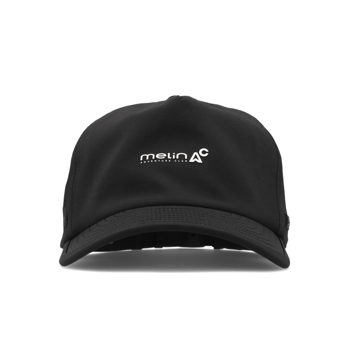 The frontal view of the melin Split Fit Odysea Packable Hydro hat in black