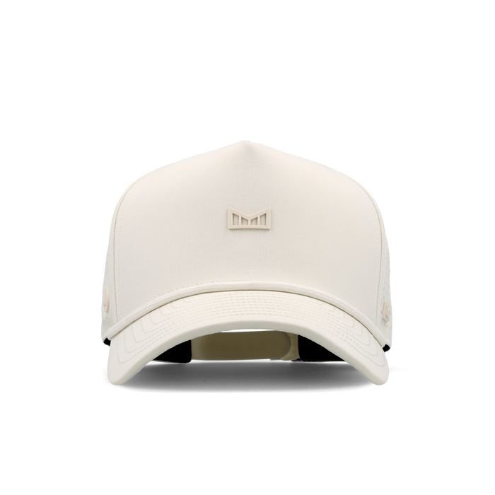 The frontal view of the melin Split Fit Odysea Rope Bulls Icon Hydro hat in egret