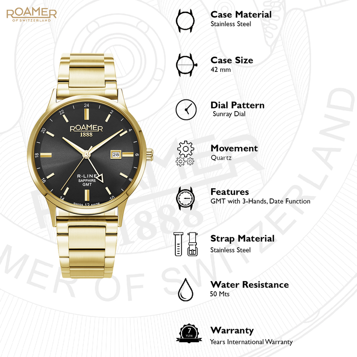 R-Line Gmt Men Quartz Black Dial Analog Stainless Steel Watch 990987 48 85 05