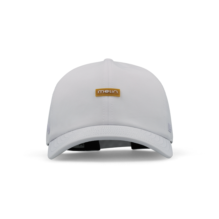 The front view of the melin The Legend Hydro  Performance Dad Hat in  White / Gum